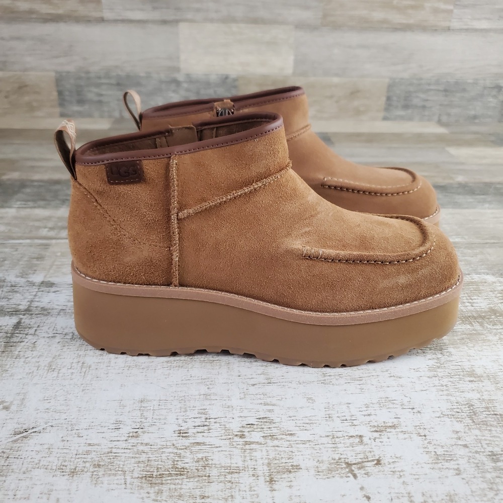 UGG Cityfunc Ultra Mini Womens Boot Sz 9.5 Brown Suede Leather Platform Side Zip